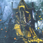 The King in Yellow sits on a throne surrounded by darkness and mist. He's crowned with a twisted crown of branches and draped in a yellow cloak. His face isn't visible within his cowl and veils.